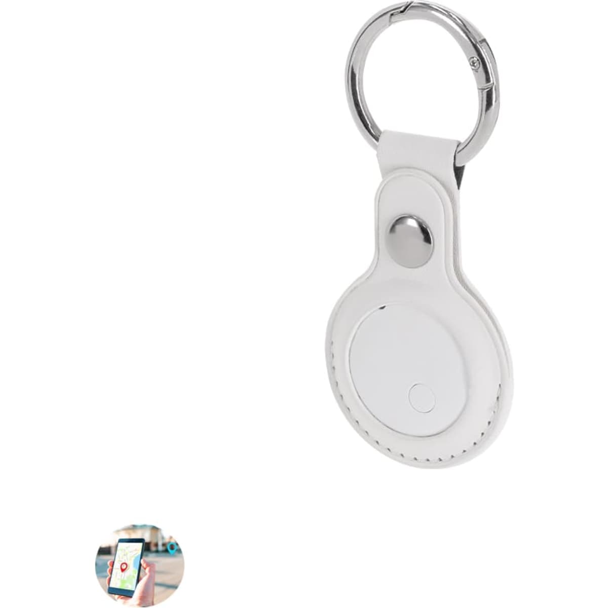 A white keychain technology tracker with a metal ring, featuring a smooth surface and a minimalist design.
