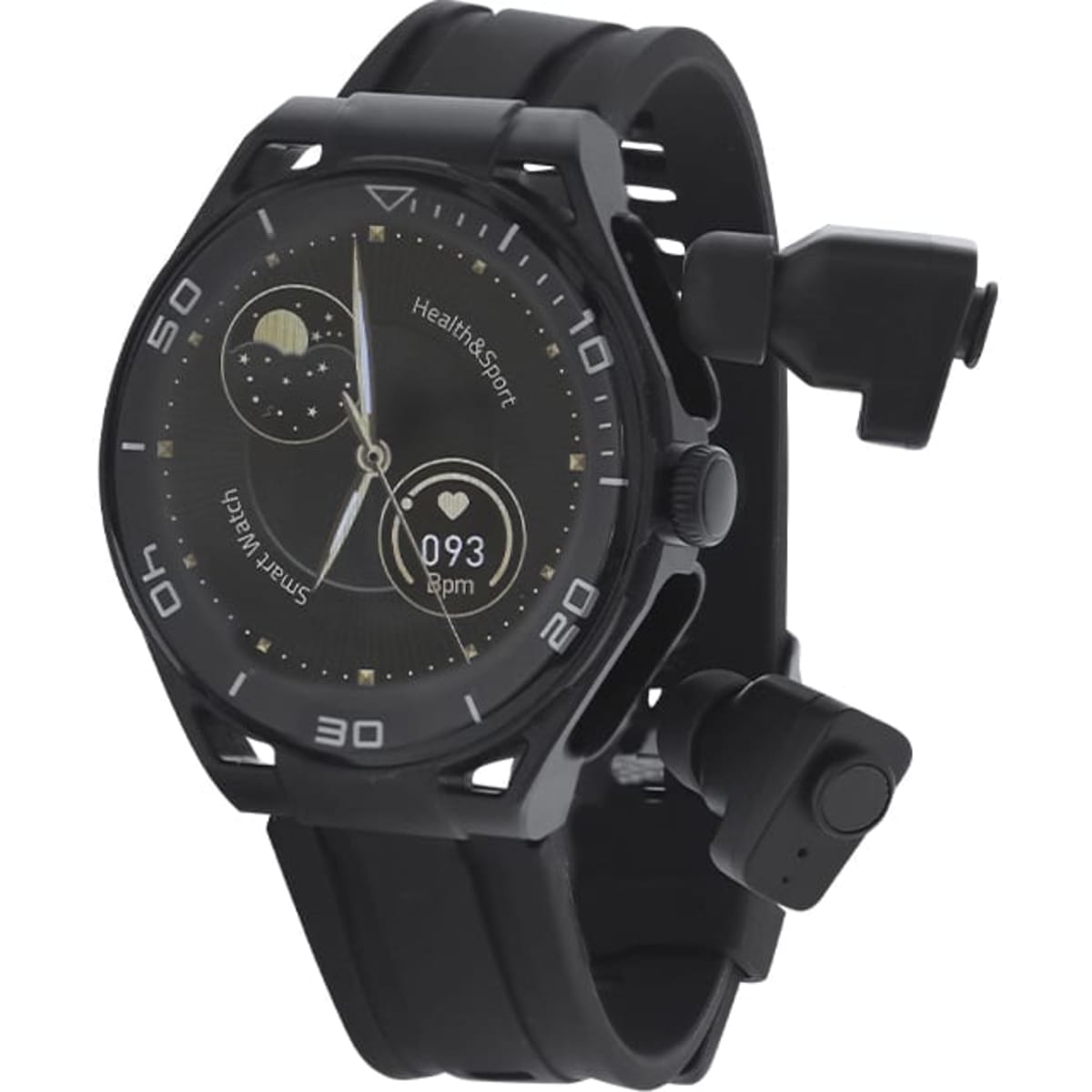 A black smart watch with a round face, featuring digital displays and health monitoring functions. It includes a logo.