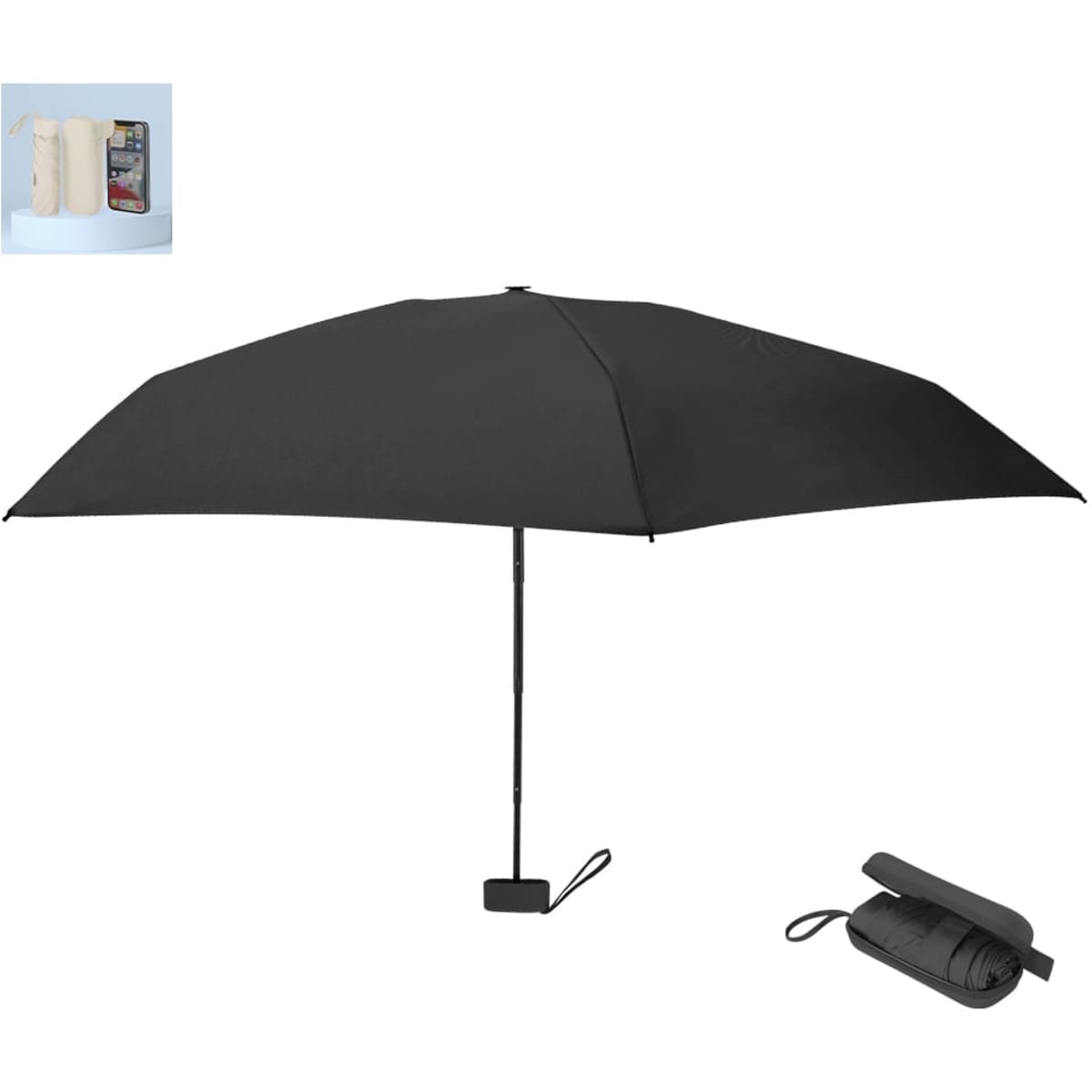 A black foldable umbrella with a sturdy handle and a compact storage pouch. It features a logo.