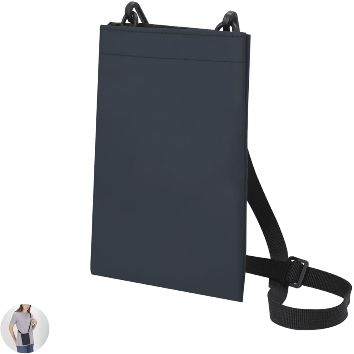 A navy bag with a simple design, featuring adjustable straps and a logo. Suitable for various casual uses.