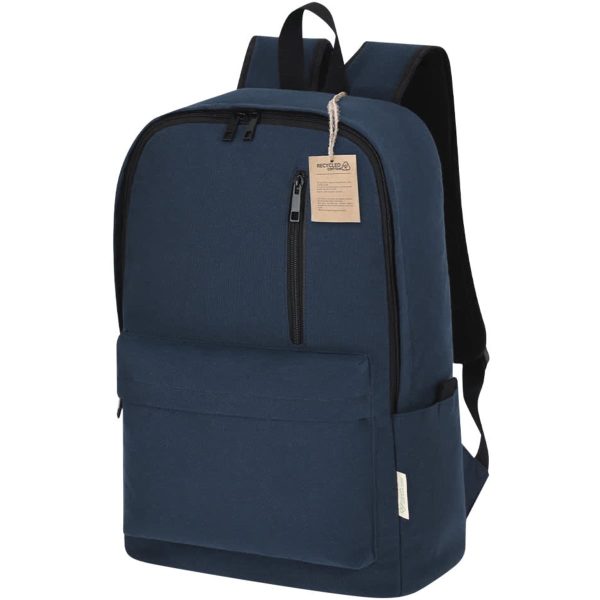A navy blue backpack with a front pocket and adjustable straps. It features a logo and a hang tag.