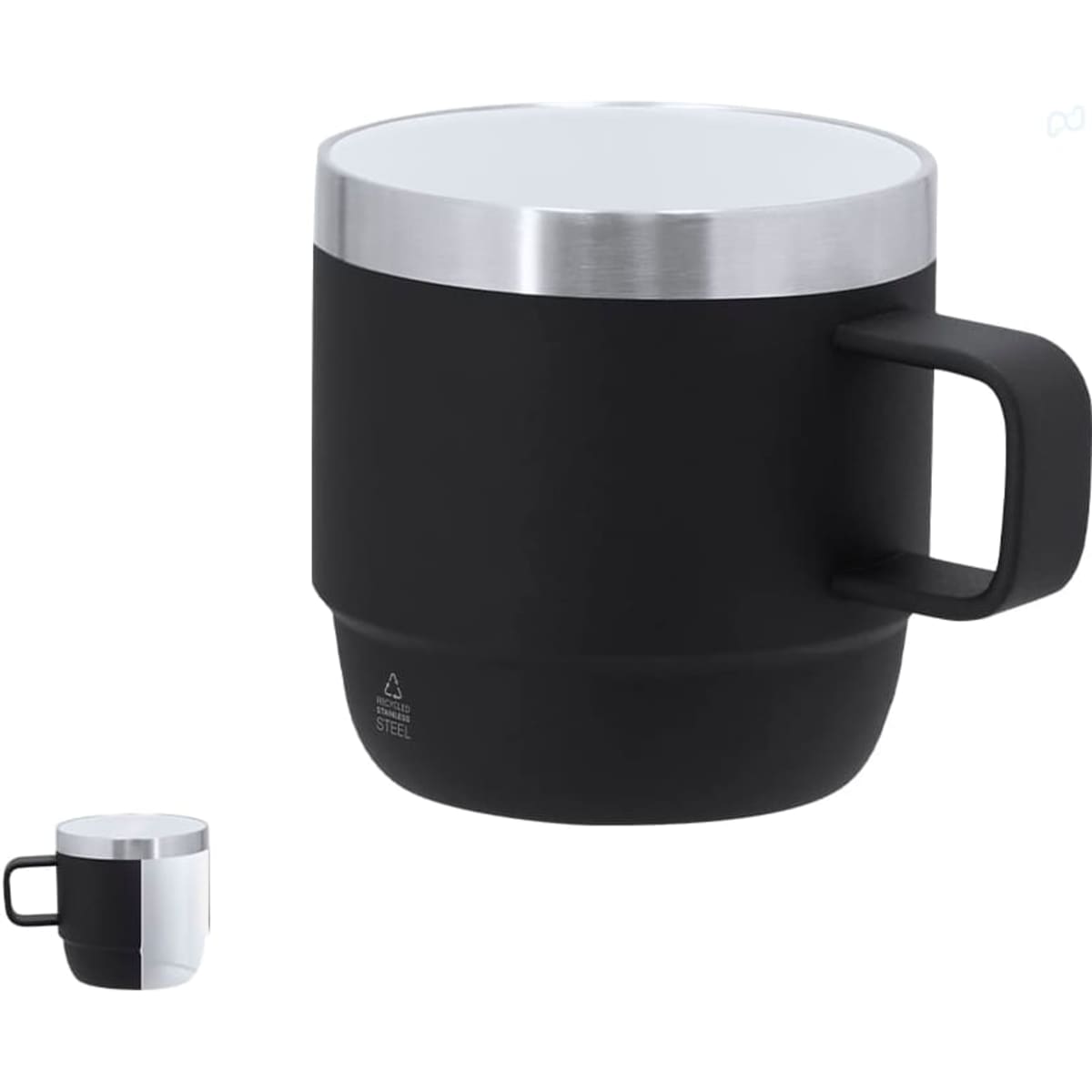 A black ceramic coffee mug with a stainless steel lid and a sturdy handle. Features a branding logo.