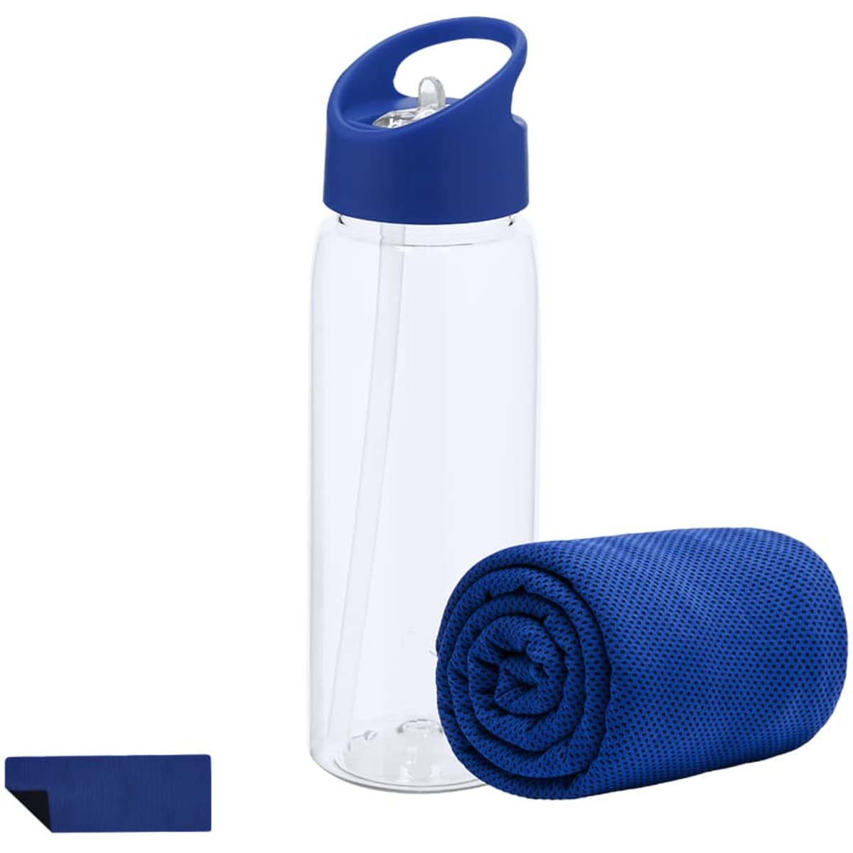 A drink bottle with a blue lid and a clear body, accompanied by a rolled blue towel.
