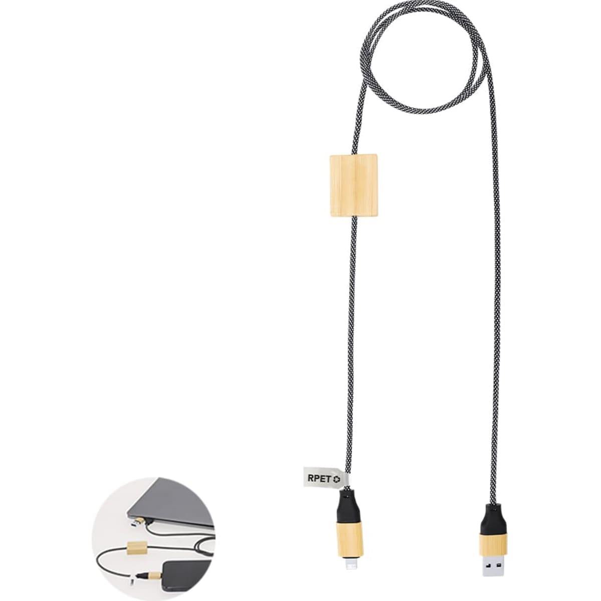 A charging cable with a grey braided design and gold connectors, featuring a logo on the cable.