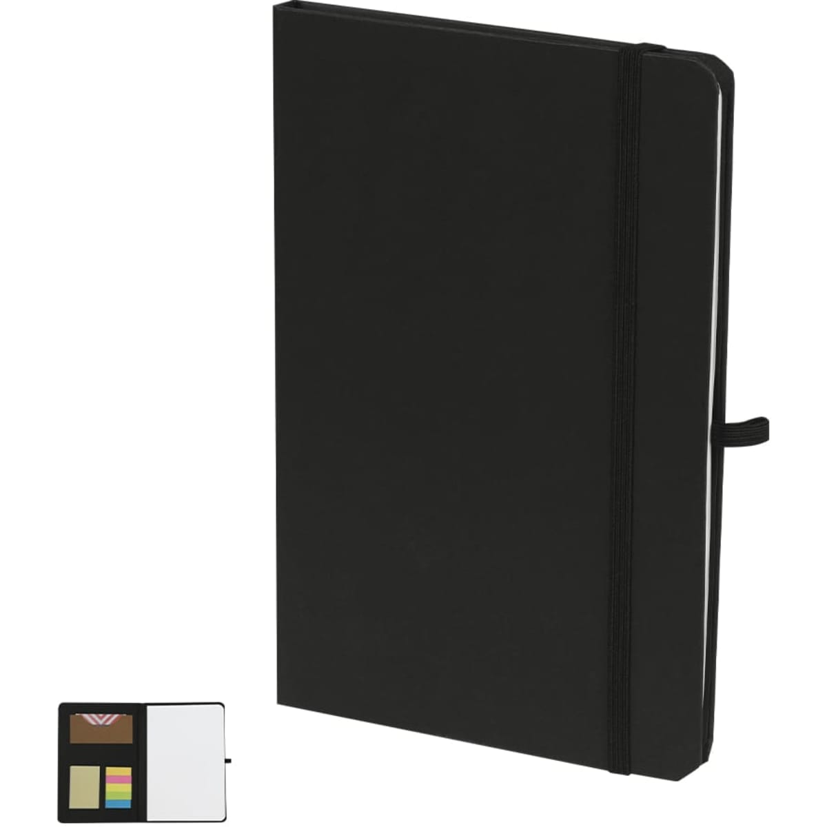 A black notebook with a sturdy cover, featuring an elastic closure and a small compartment for sticky notes.