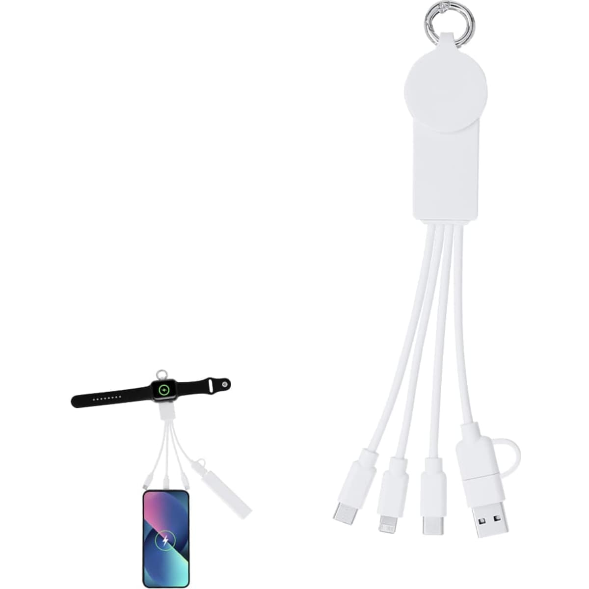 A white charging cable with multiple connectors and a keychain attachment, featuring a logo.
