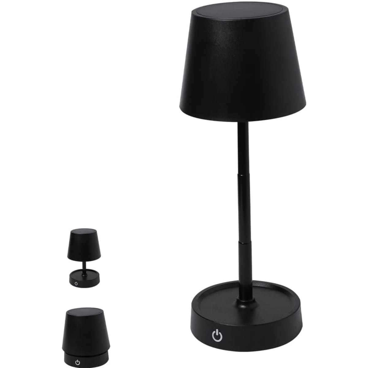 A black desk lamp with a cylindrical shade and a round base, featuring an on/off switch at the bottom.