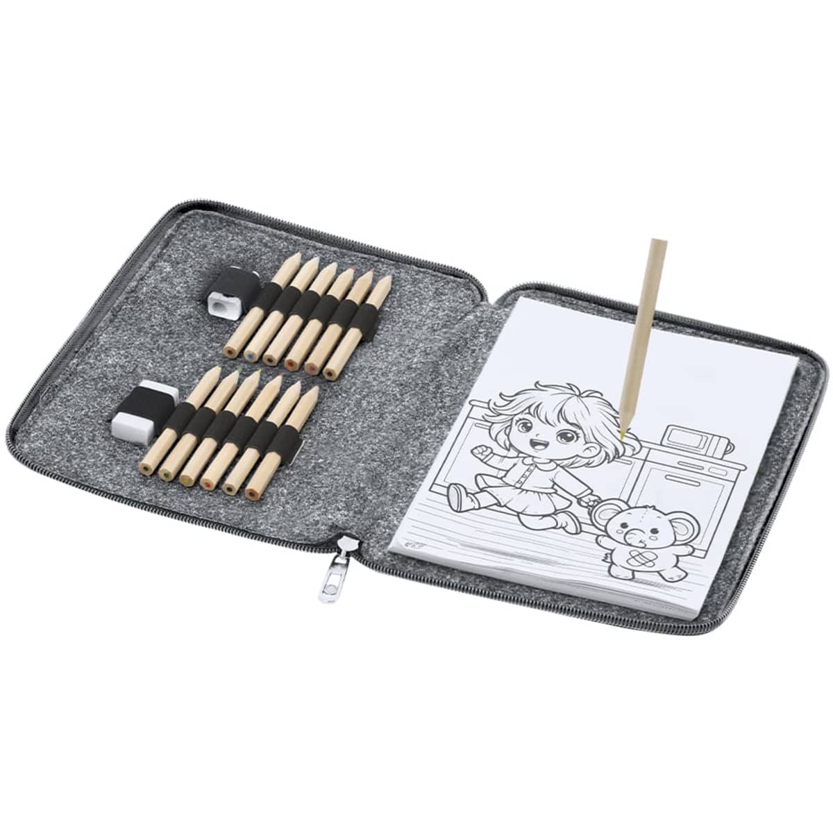 A gift set containing coloured pencils, a sketchbook, and a pencil holder, all in a grey zippered case.