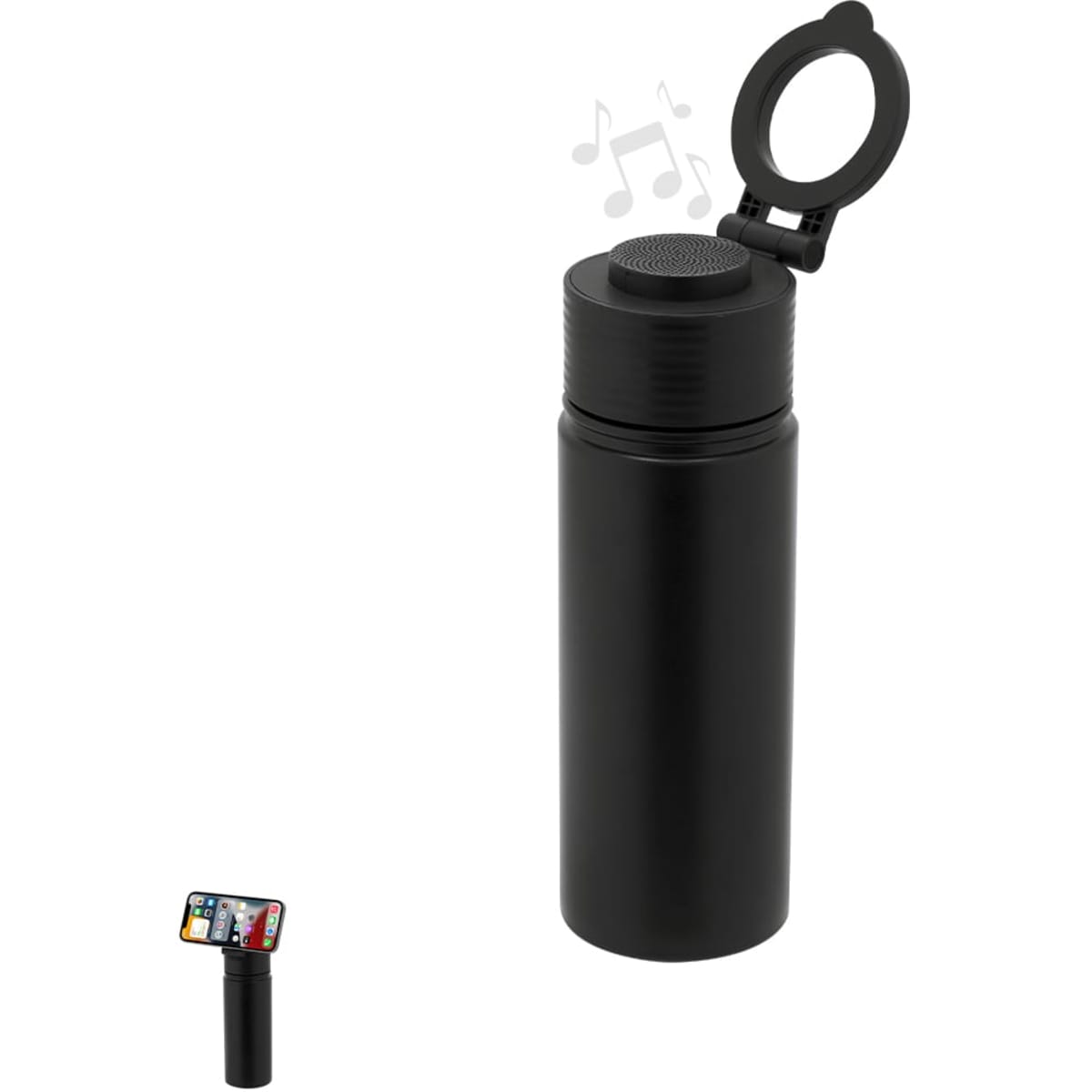 A drink bottle in black with a screw-top lid and a small speaker integrated into the cap. It features a logo.