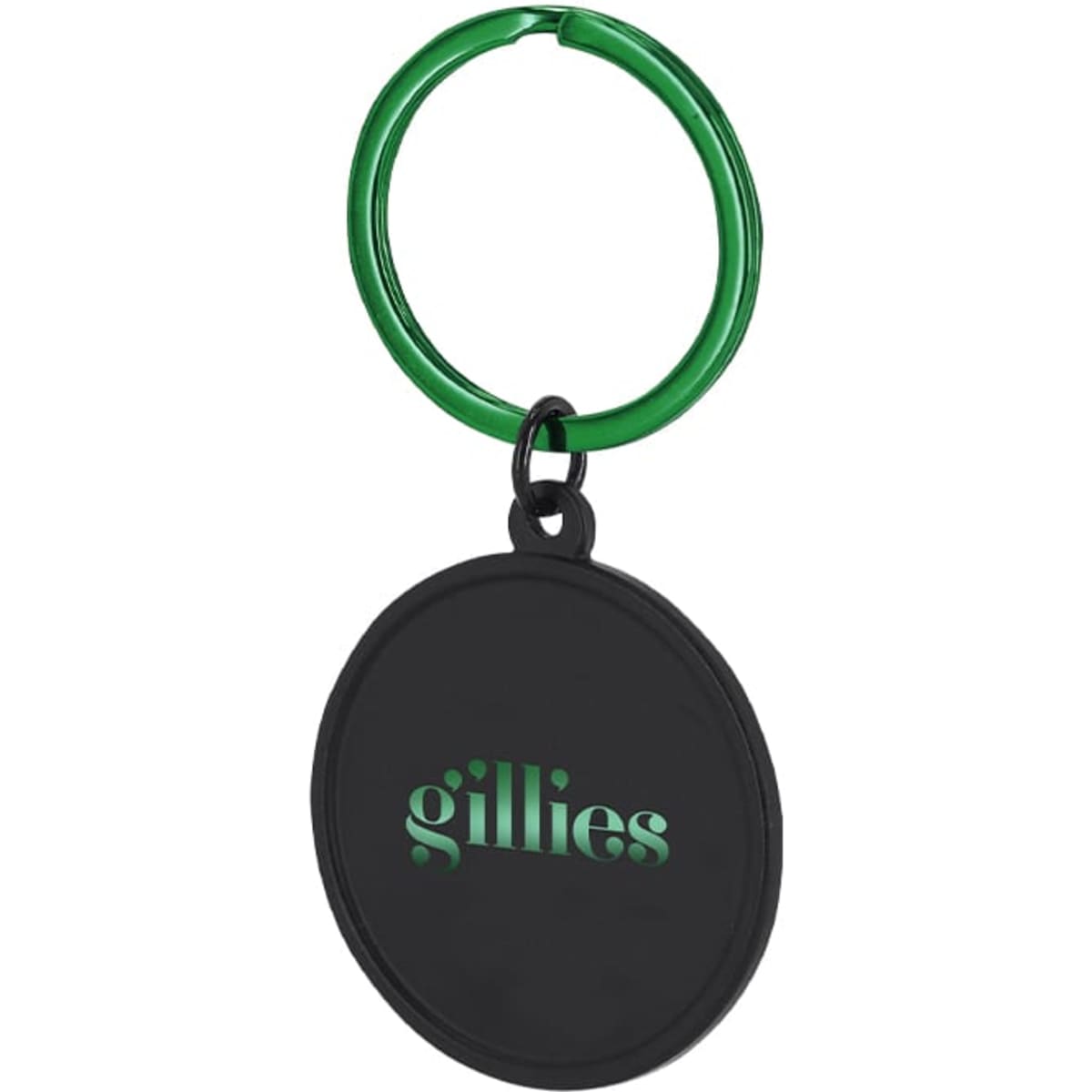 A black keyring featuring a green attached loop and a round tag with a logo.