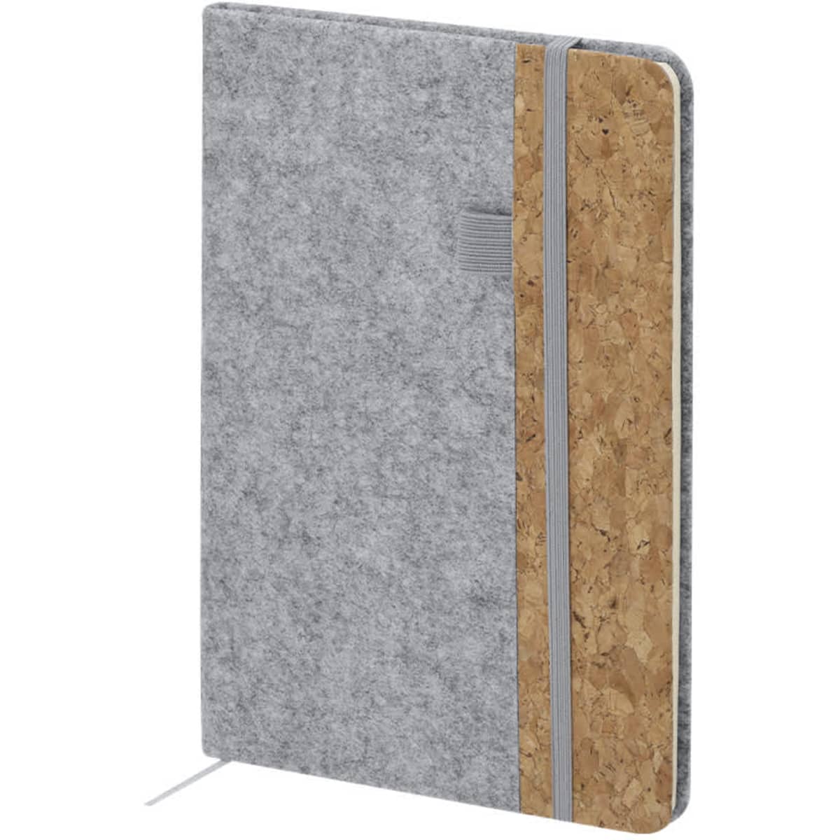 A grey notebook with a cork cover and a grey elastic band, featuring a textured finish and a branding logo.