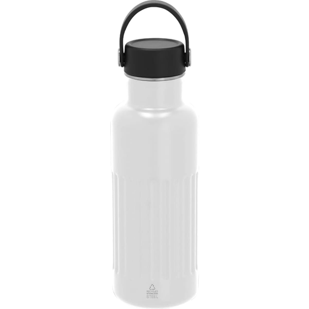 A drink bottle in white with a black screw-on lid and a carrying handle, featuring vertical ribbed detailing.