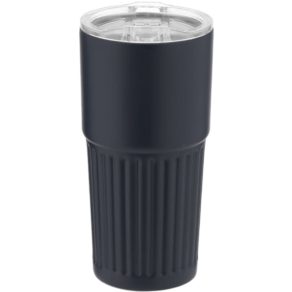 A travel mug in matte navy blue with a ridged design and clear lid. It features a logo on the surface.