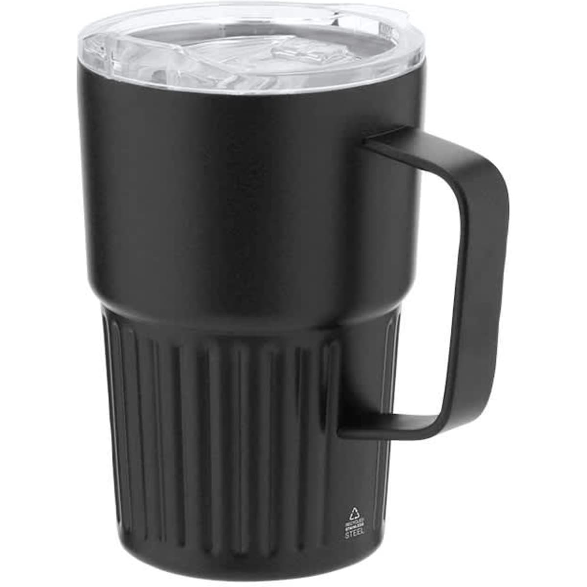 A black insulated travel mug with a ribbed design and a clear, fitted lid. It has a sturdy handle and a branding logo.