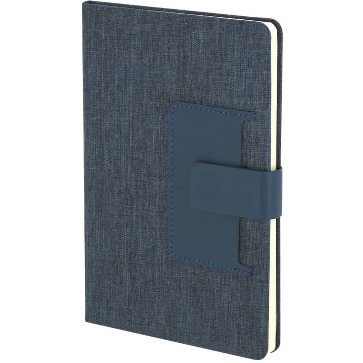A dark blue fabric notebook with a matching elastic strap and a textured cover. It features a branding logo.