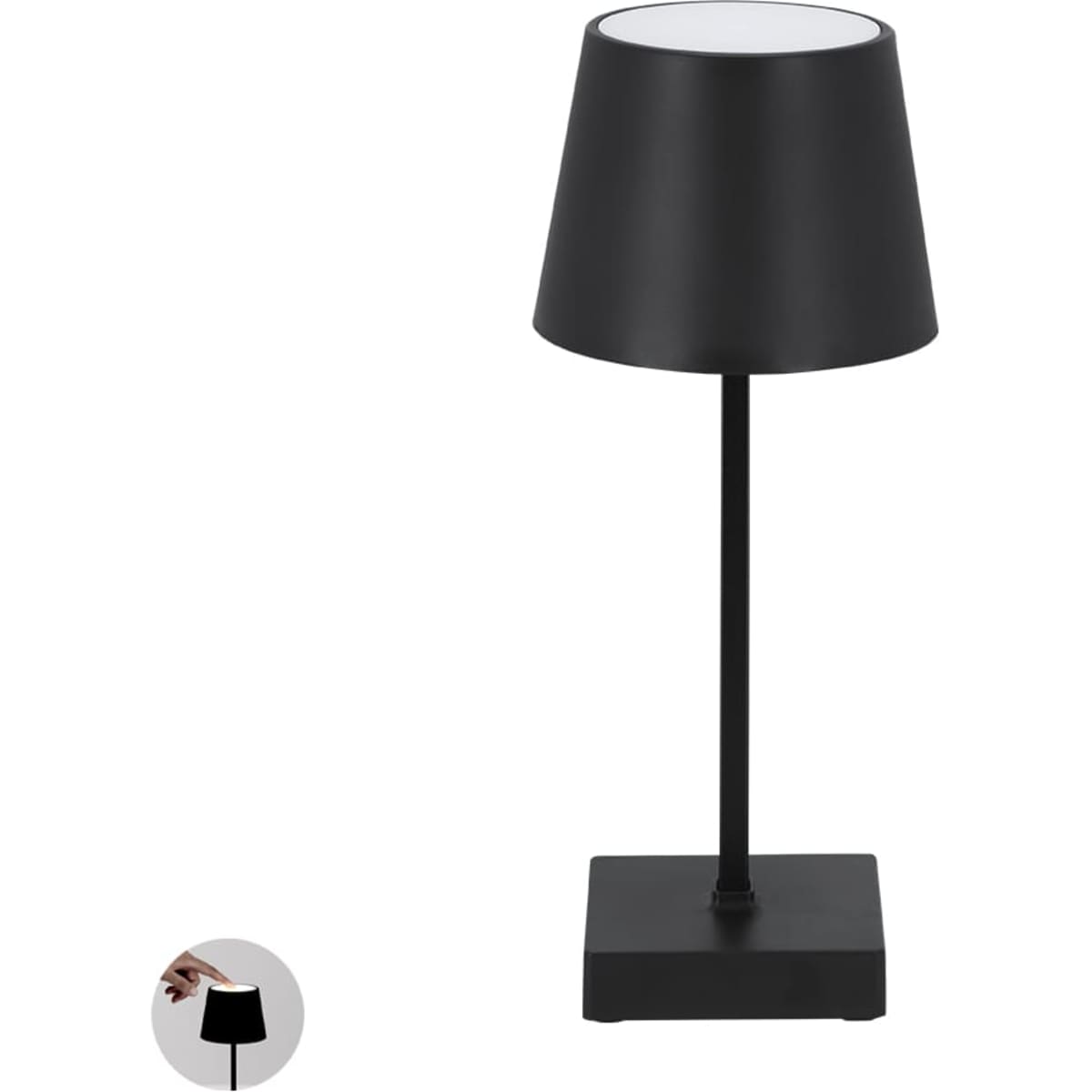 A table lamp with a black shade and base, featuring a sleek design and a slender stem.