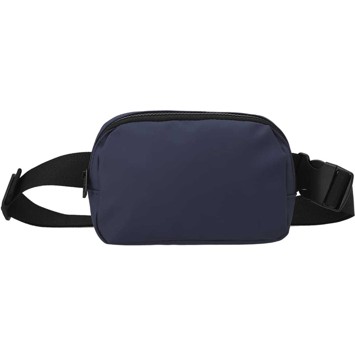 A navy bum bag with a zippered compartment and an adjustable black strap, featuring a branding logo.