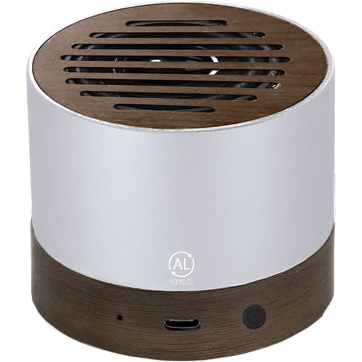 A Bluetooth speaker featuring a silver body and wooden base, with a round design and a logo on it.