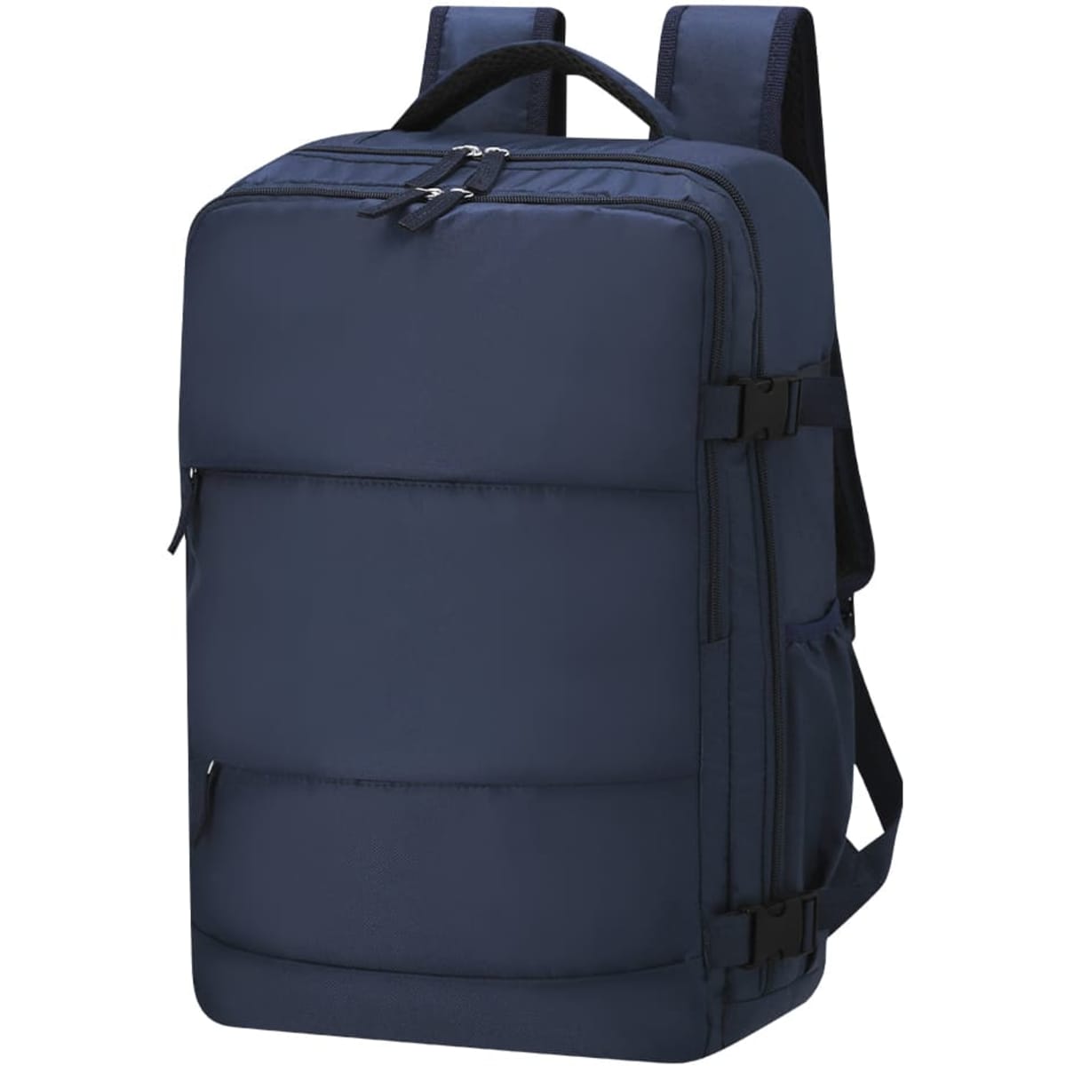A navy Hinkle Backpack with a minimalist design and adjustable straps, featuring a logo. Ideal for everyday use.