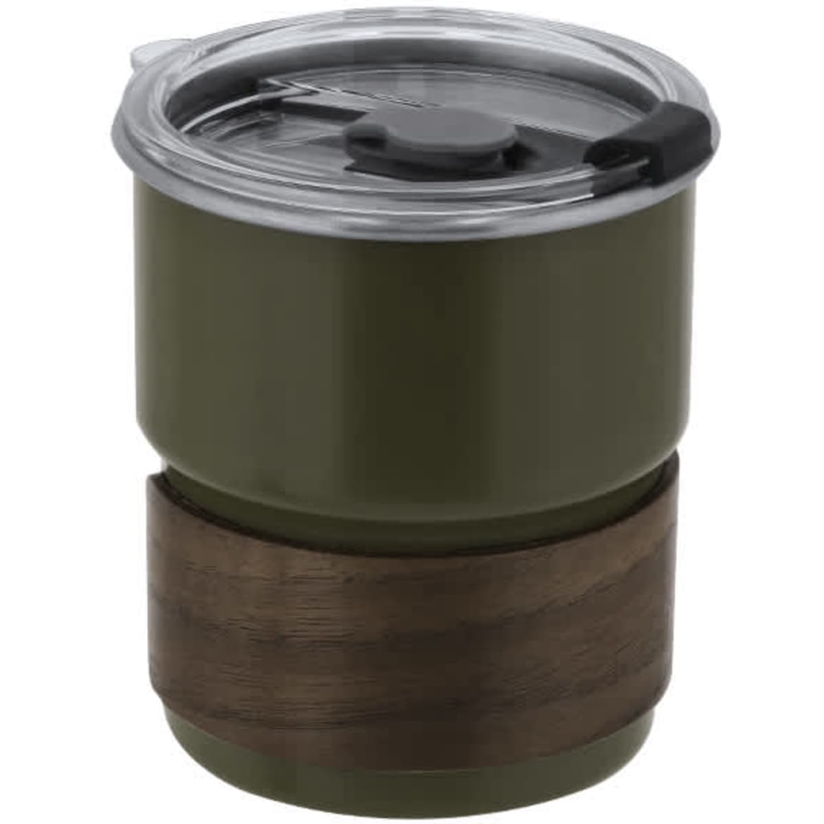 A drink bottle in green with a wooden band, featuring a transparent lid. Ideal for travel.