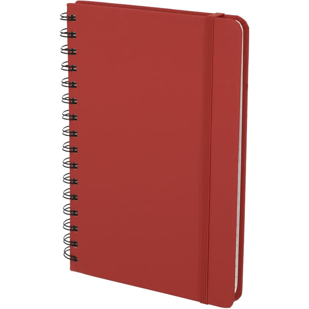 A red spiral-bound notebook with a cover and an elastic band, featuring a branded logo.