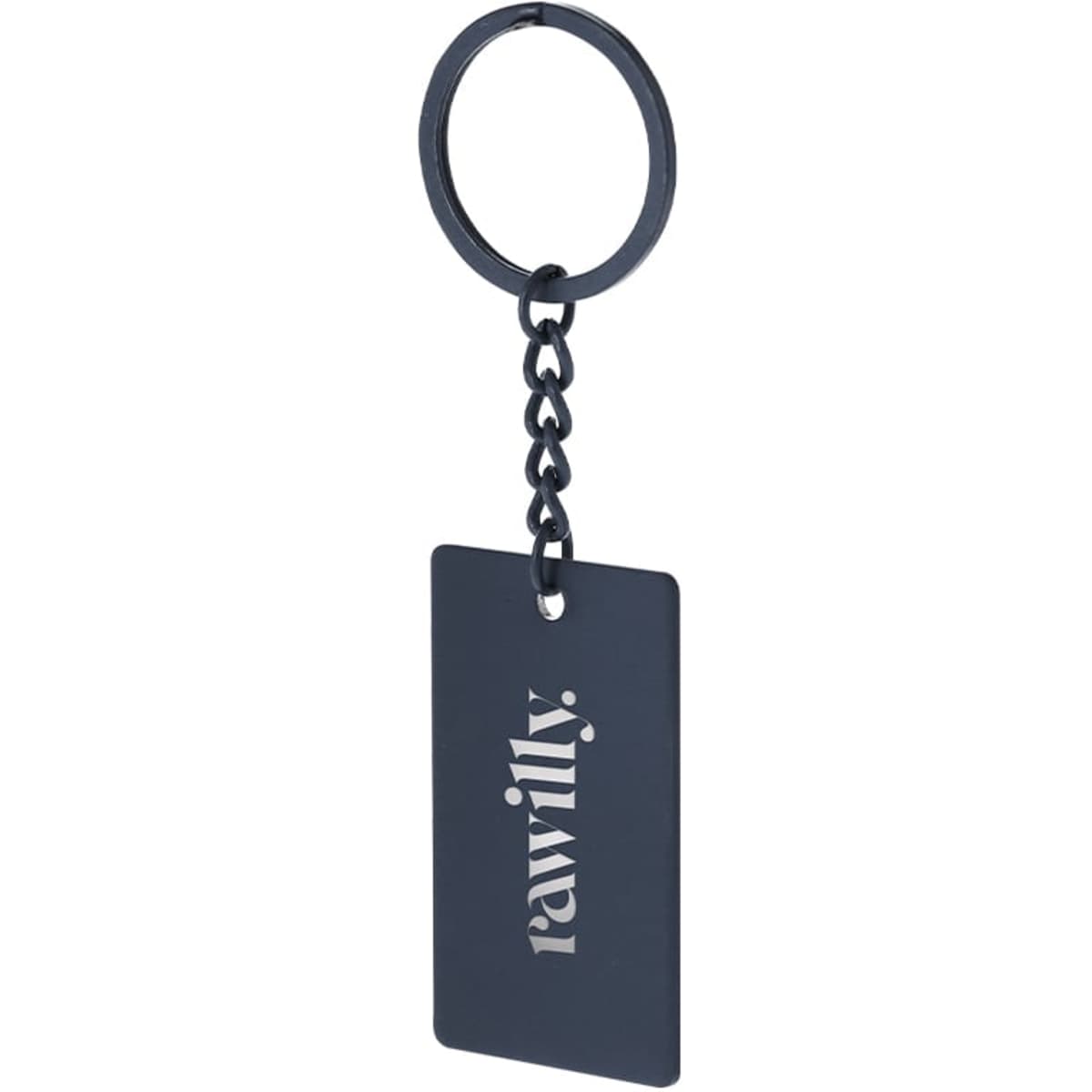 A navy keyring with a rectangular tag attached by a chain and featuring a logo.