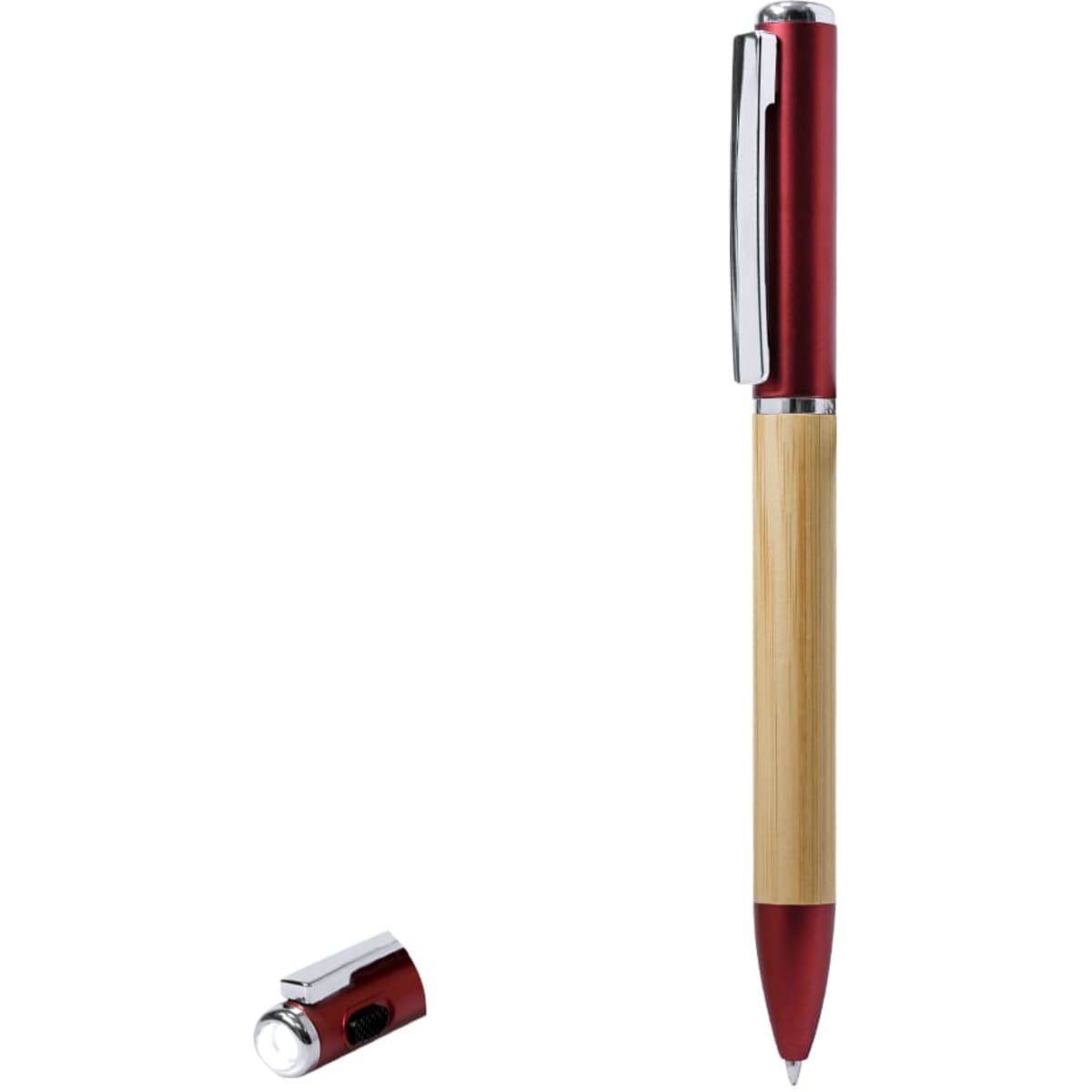 A red and bamboo pen with a silver clip, featuring a detachable cap.