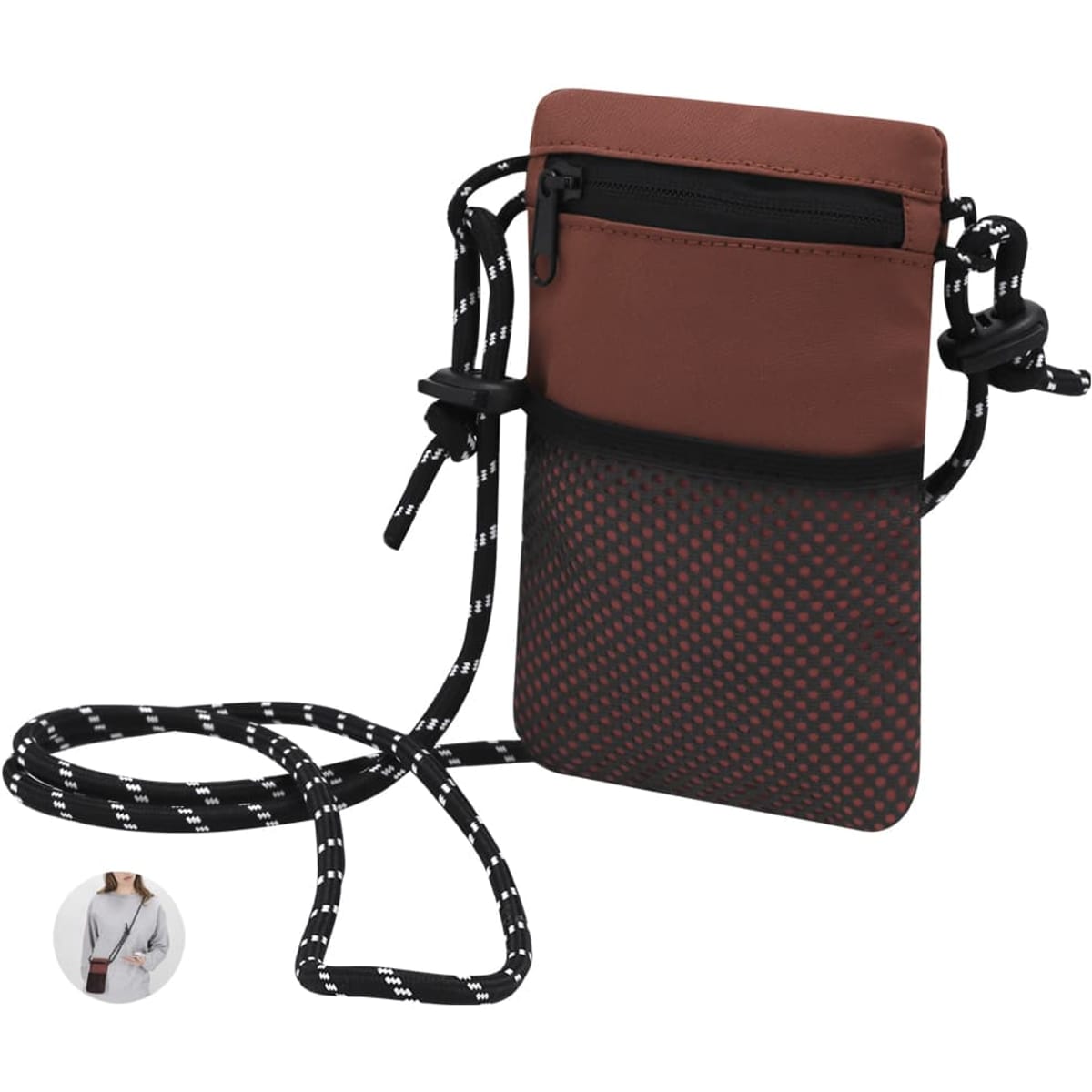 A small bag with a brown upper section, black lower section with a dotted pattern, and a shoulder strap.