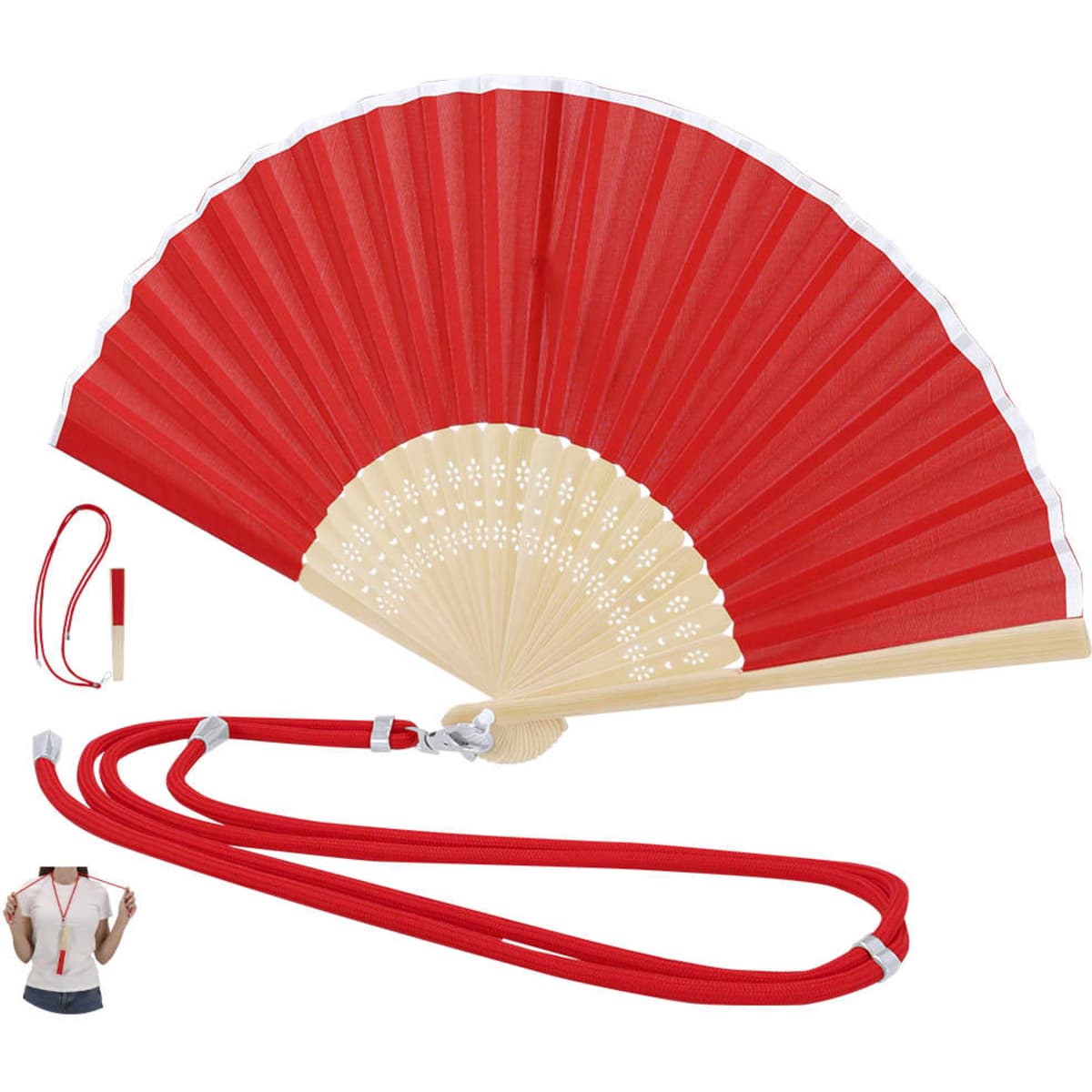 A red handheld fan with a beige handle, featuring a decorative design. Includes a red strap for easy carrying.