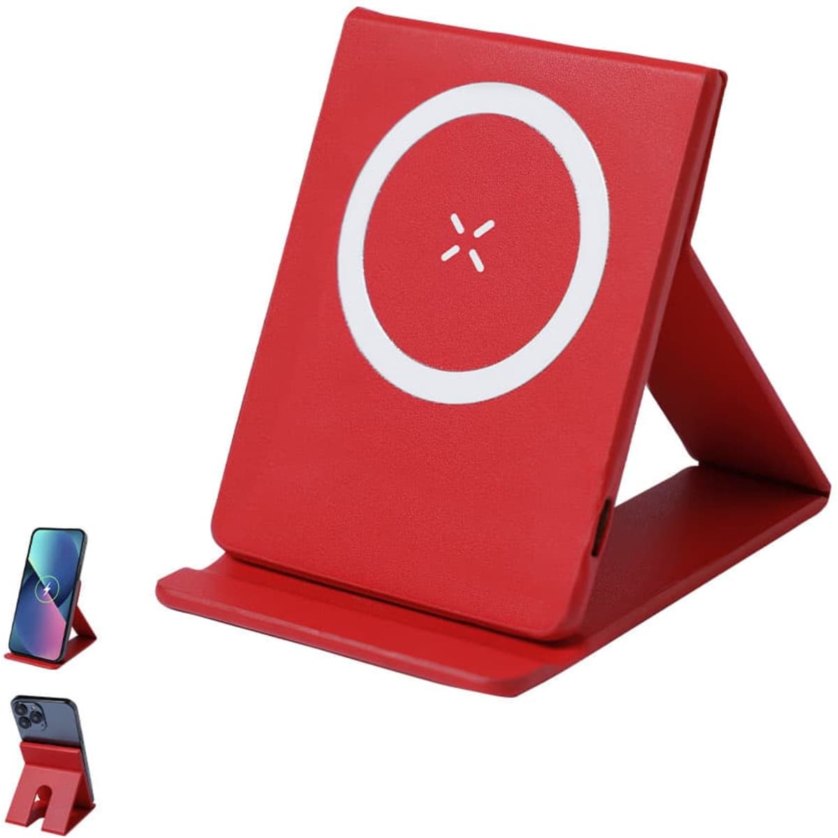 A red wireless charger in a stand position, featuring a circular design and a logo on the front.