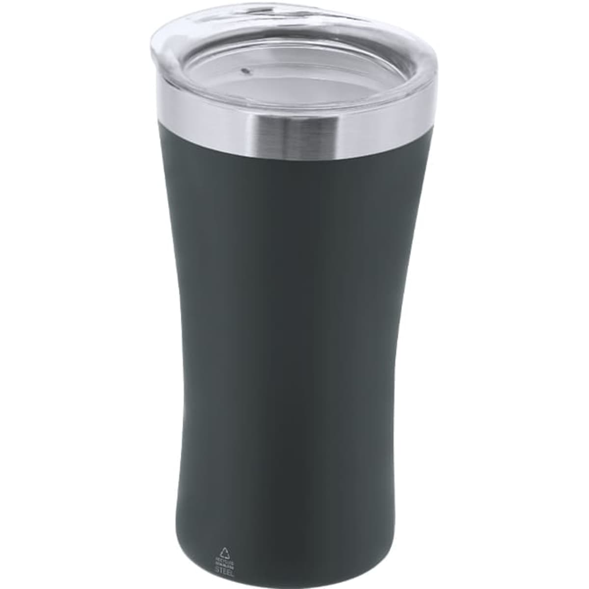A drink bottle featuring a sleek black design with a stainless steel lid. It has a logo on the body.