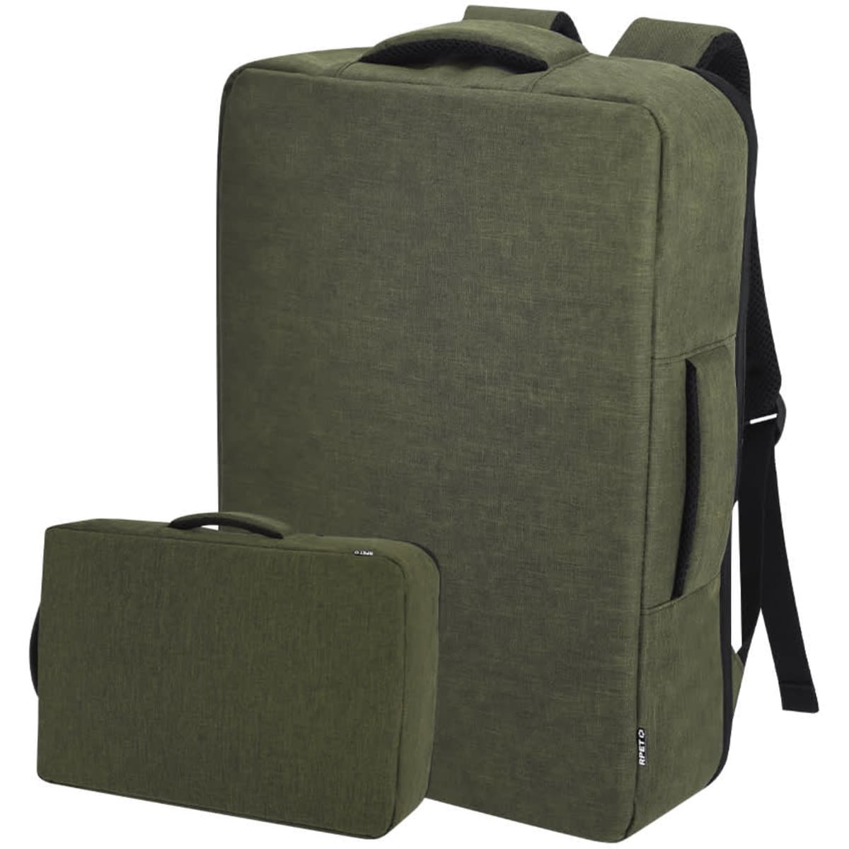 A two-piece set of olive green laptop bags, featuring a large backpack and a smaller case, both with handles and straps.