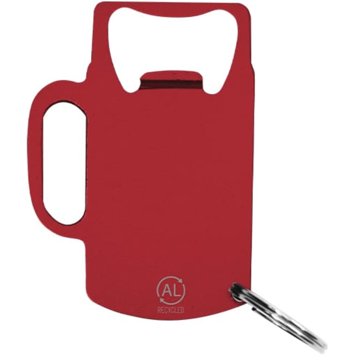 A red bottle opener keyring with a keyring attachment, featuring a logo on the surface.