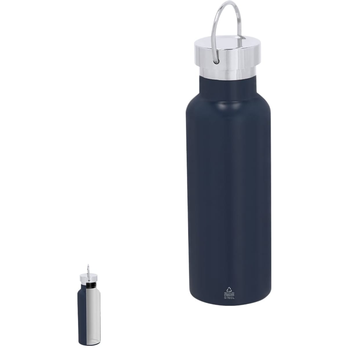 A drink bottle in navy blue with a silver lid and handle, featuring a logo on the base.