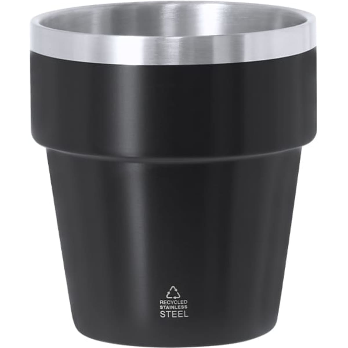 A drink bottle in black stainless steel with a silver rim, featuring a tapered, pot-like design and a logo.