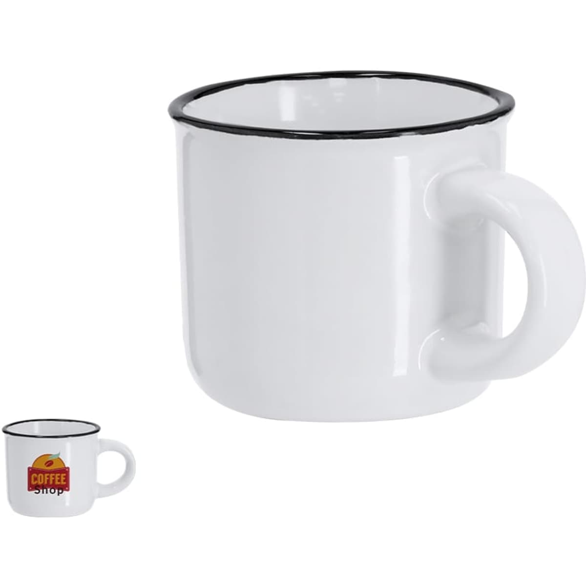 A drinkware coffee mug in white with a black rim and handle, featuring a logo on one side.