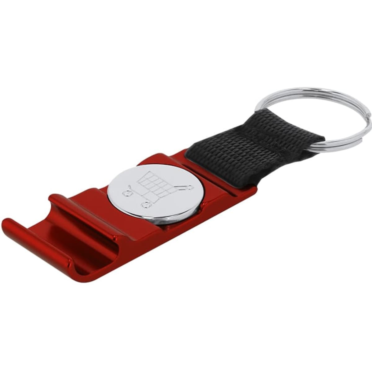 A red keyring with a black strap and a metal disc, featuring a logo on the disc.