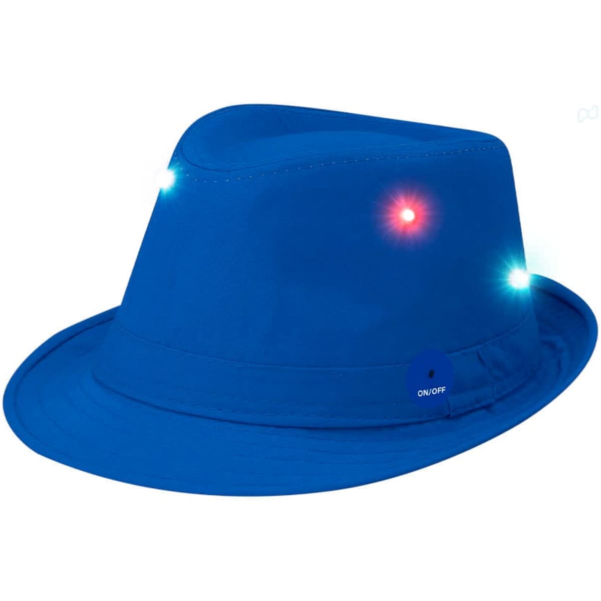 A blue hat with a wide brim and built-in lights. It features a logo on the side.