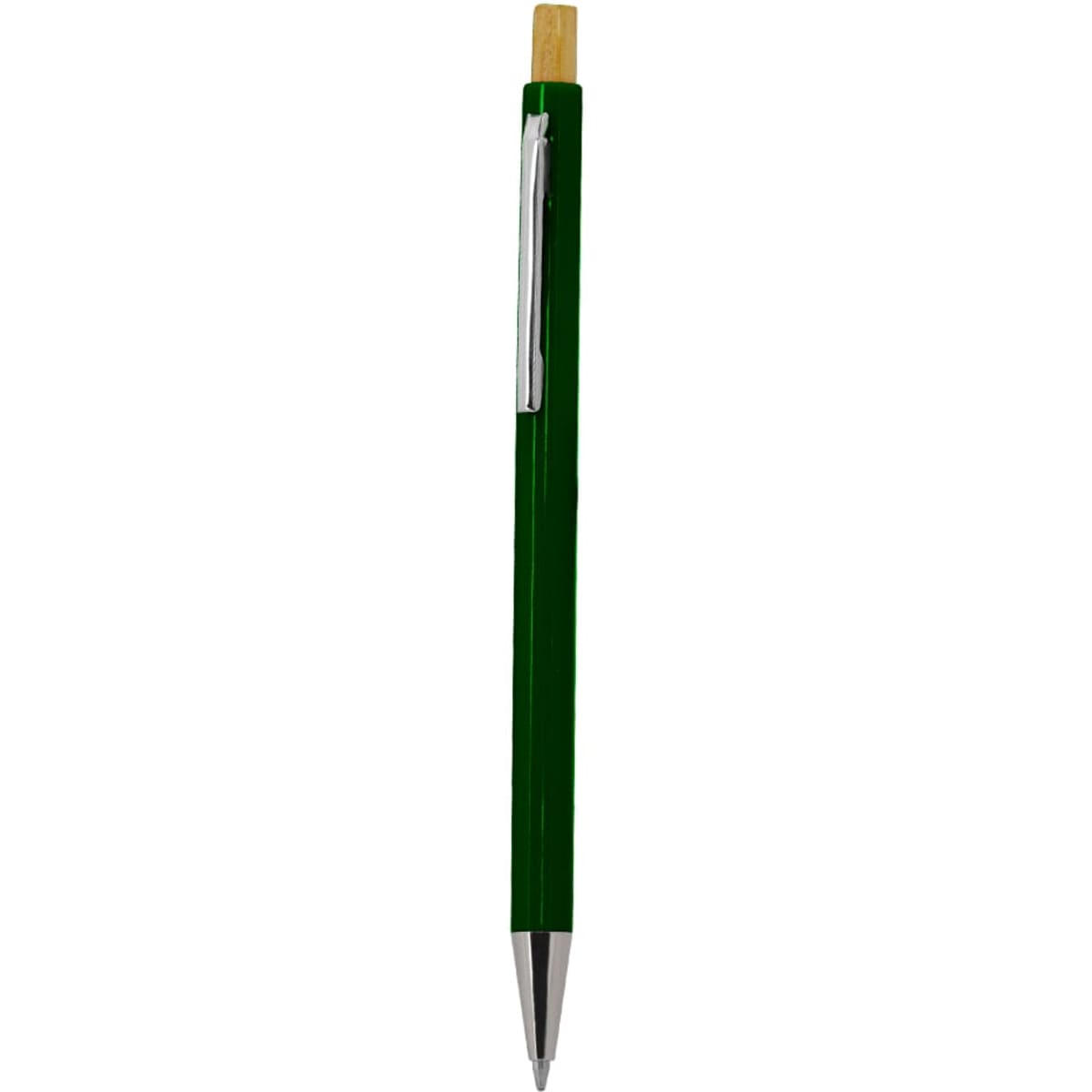 A green wooden pen with a silver clip and a light-coloured wooden tip.
