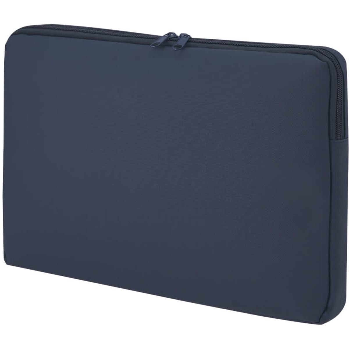 A laptop bag in navy blue with a zippered closure and a minimalist design. Features a logo.