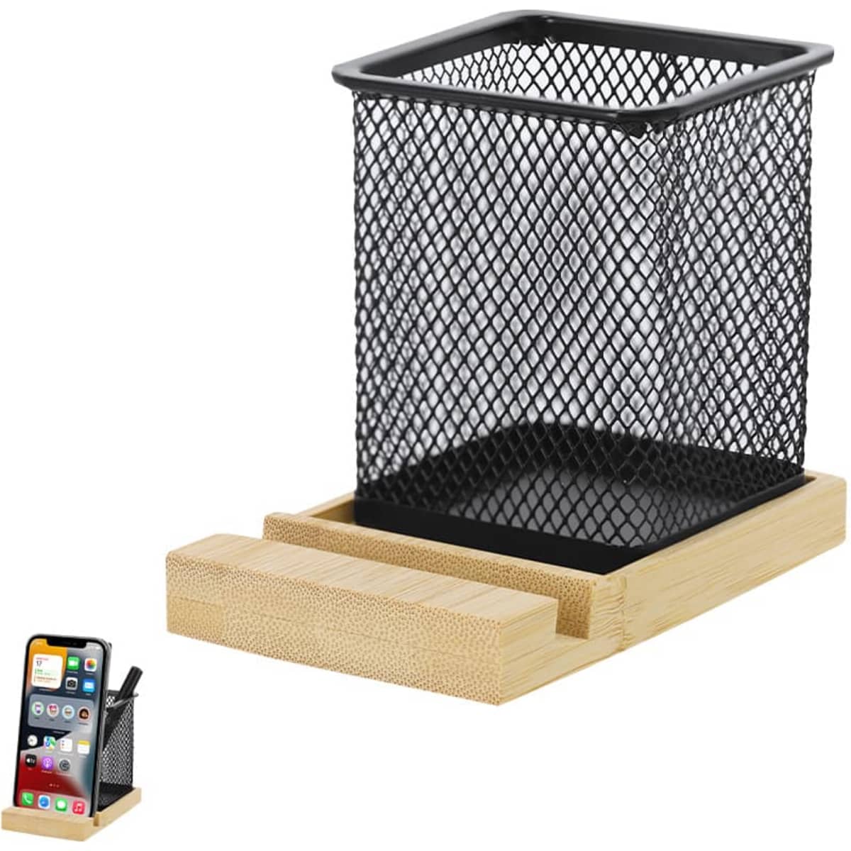 A black mesh pencil holder sits on a bamboo base, featuring a phone holder and a rectangular storage space.