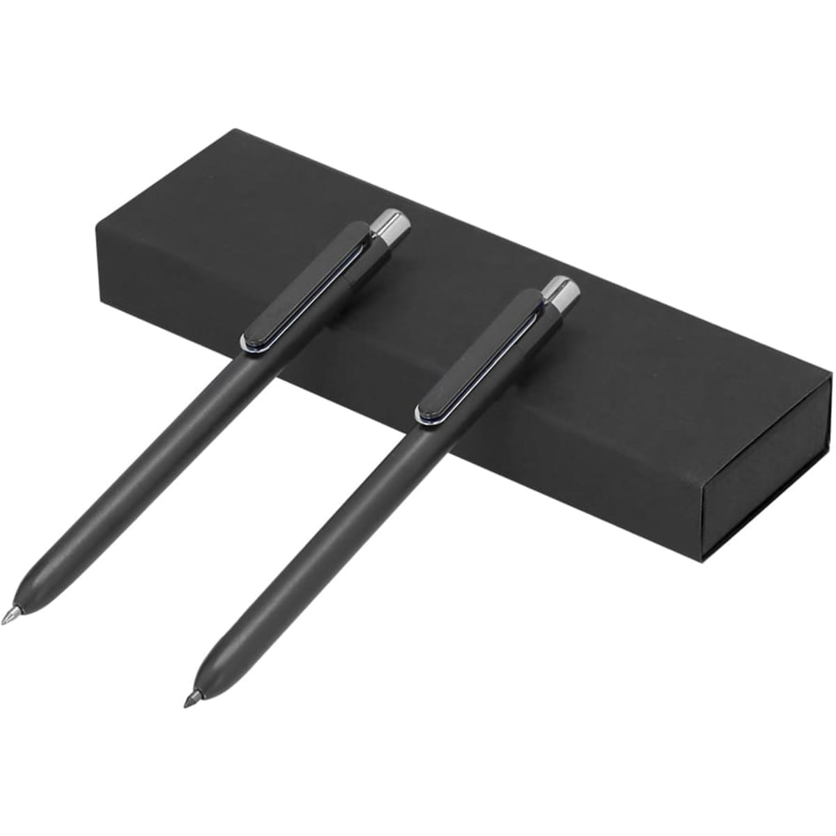 A black gift box containing two black pens with silver accents and a logo.