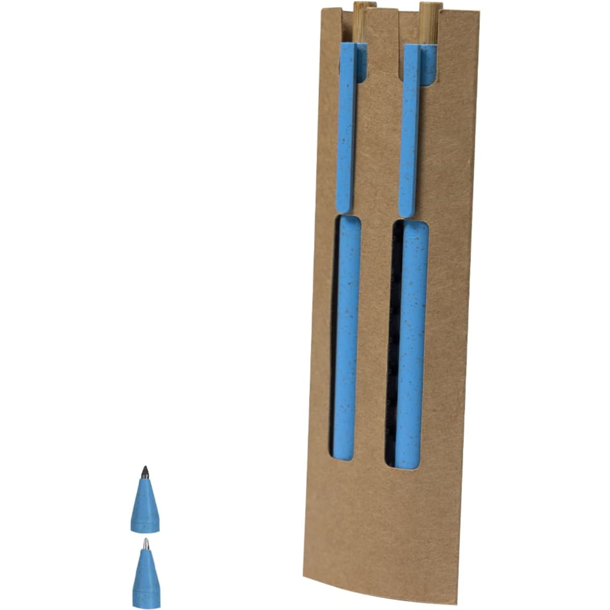 A cardboard display holding three blue pens, with two matching pen caps positioned beside it.
