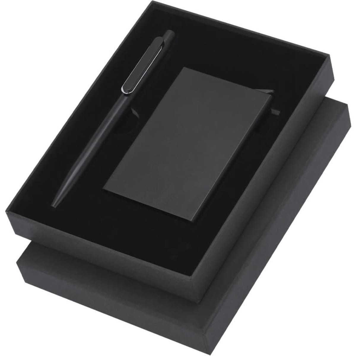 A black pen and a black notebook presented in a stylish black gift box.