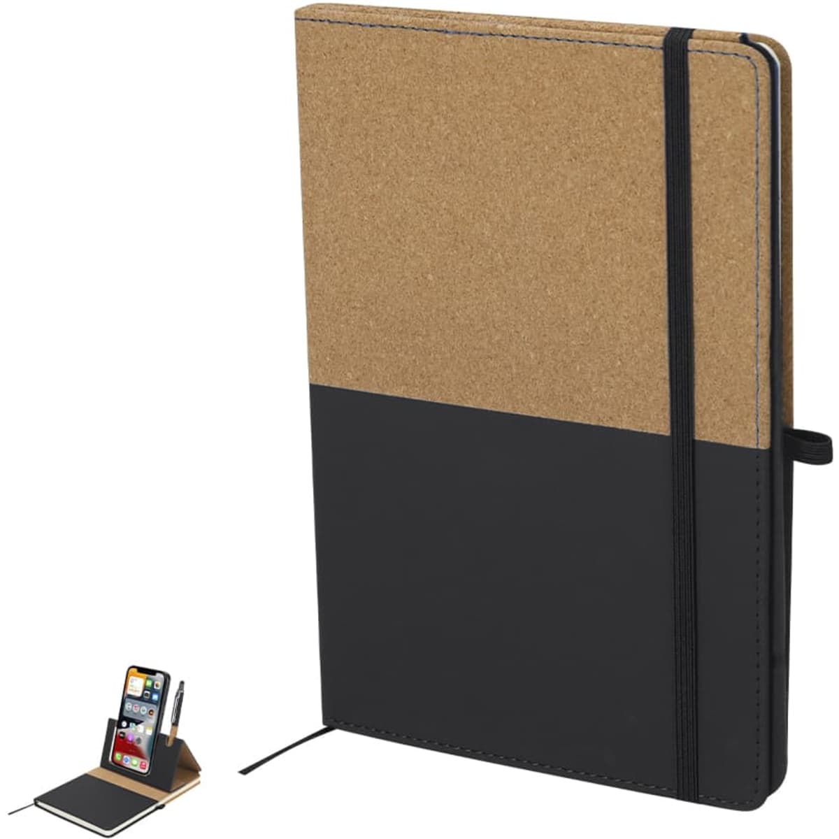 A cork and black notebook with a pen loop, featuring a logo, alongside a phone holder.