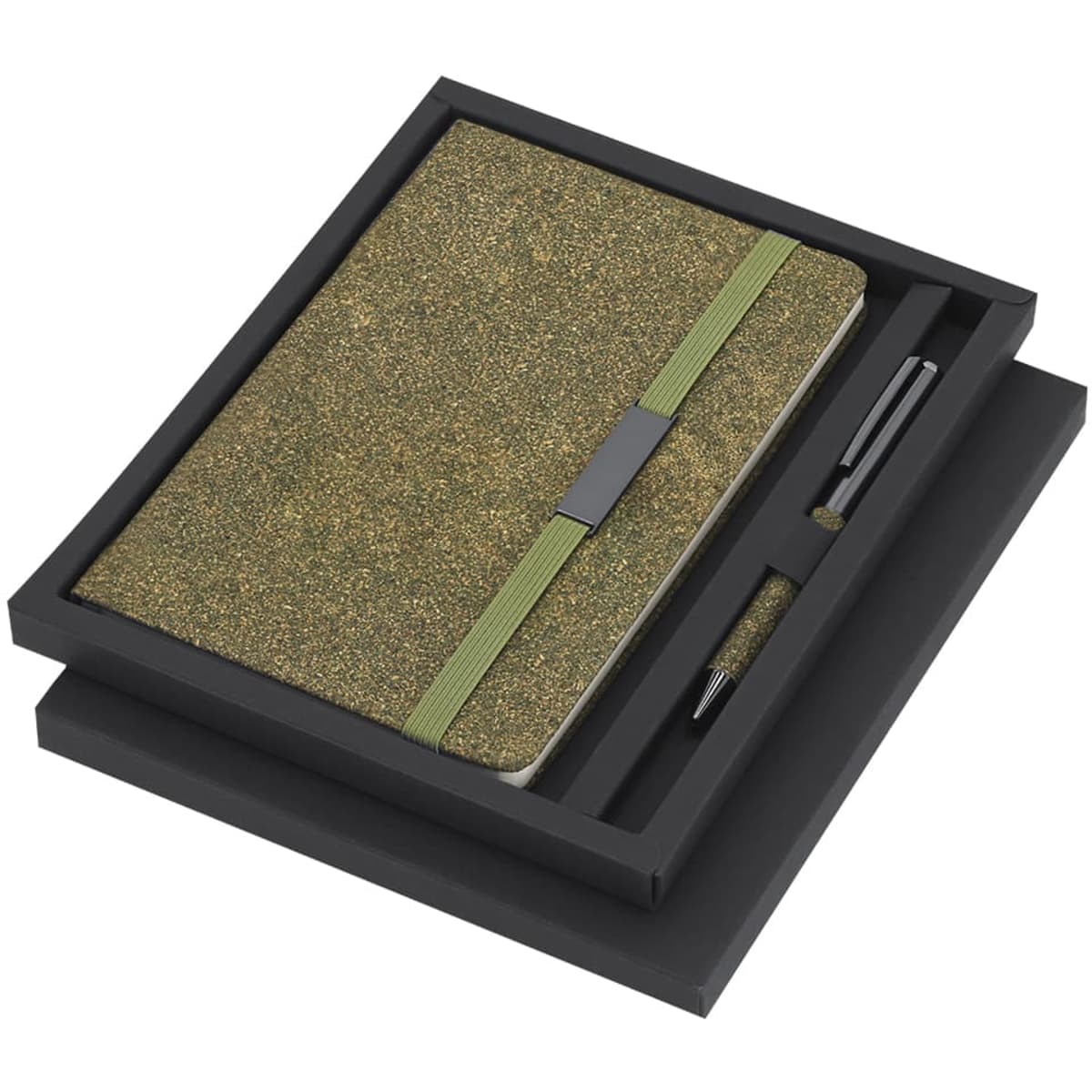 A green and brown textured notebook and a black pen, presented in a sleek black gift box.