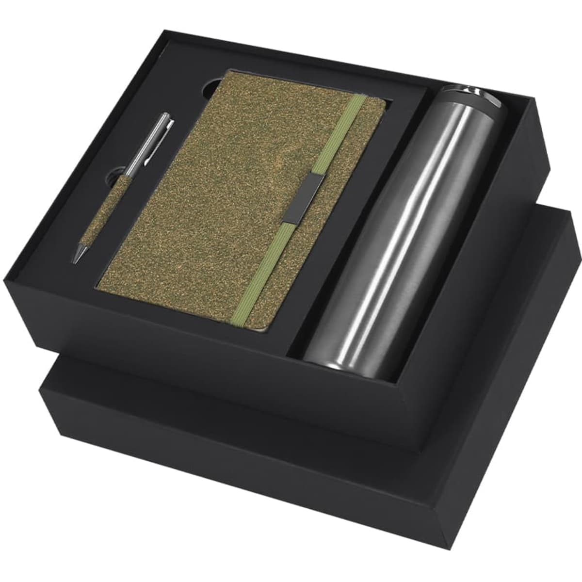 A gift set featuring a stainless steel drink bottle, a cork notebook, and a pen, all in a black presentation box.