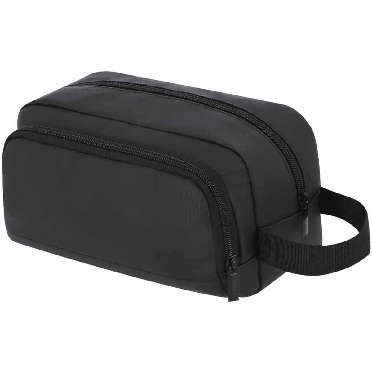 A black toiletry bag featuring two zippered compartments and a side handle for easy carrying.