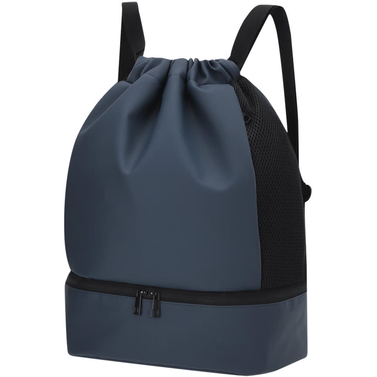 A drawstring backpack in dark blue with a mesh panel and a zipped lower compartment. It features shoulder straps and a logo.