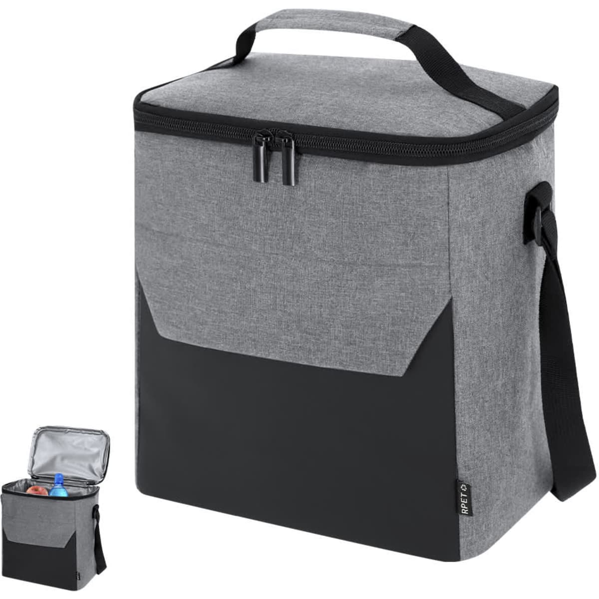 A grey and black cooler bag with a zippered main compartment and a front pocket, featuring a shoulder strap.